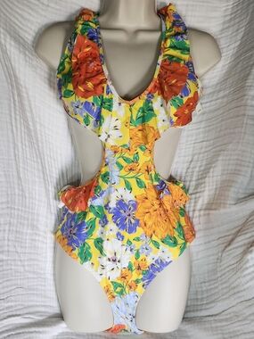 aerie Women's XL Yellow Floral One-Piece Swimsuit with Ruffle Accents